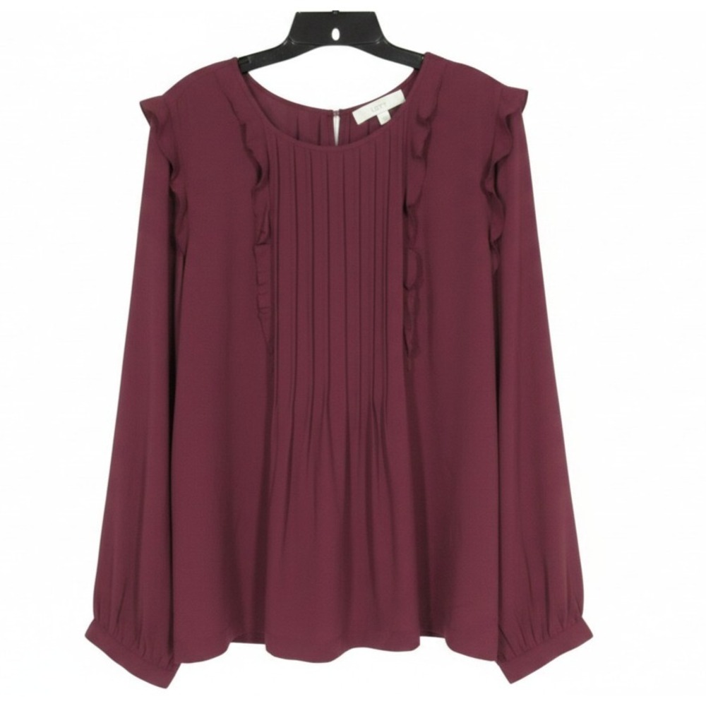 LOFT ANN TAYLOR Sheer CHIFFON Burgundy PLEATED & RUFFLE FRONT Blouse/Top Sz XXL